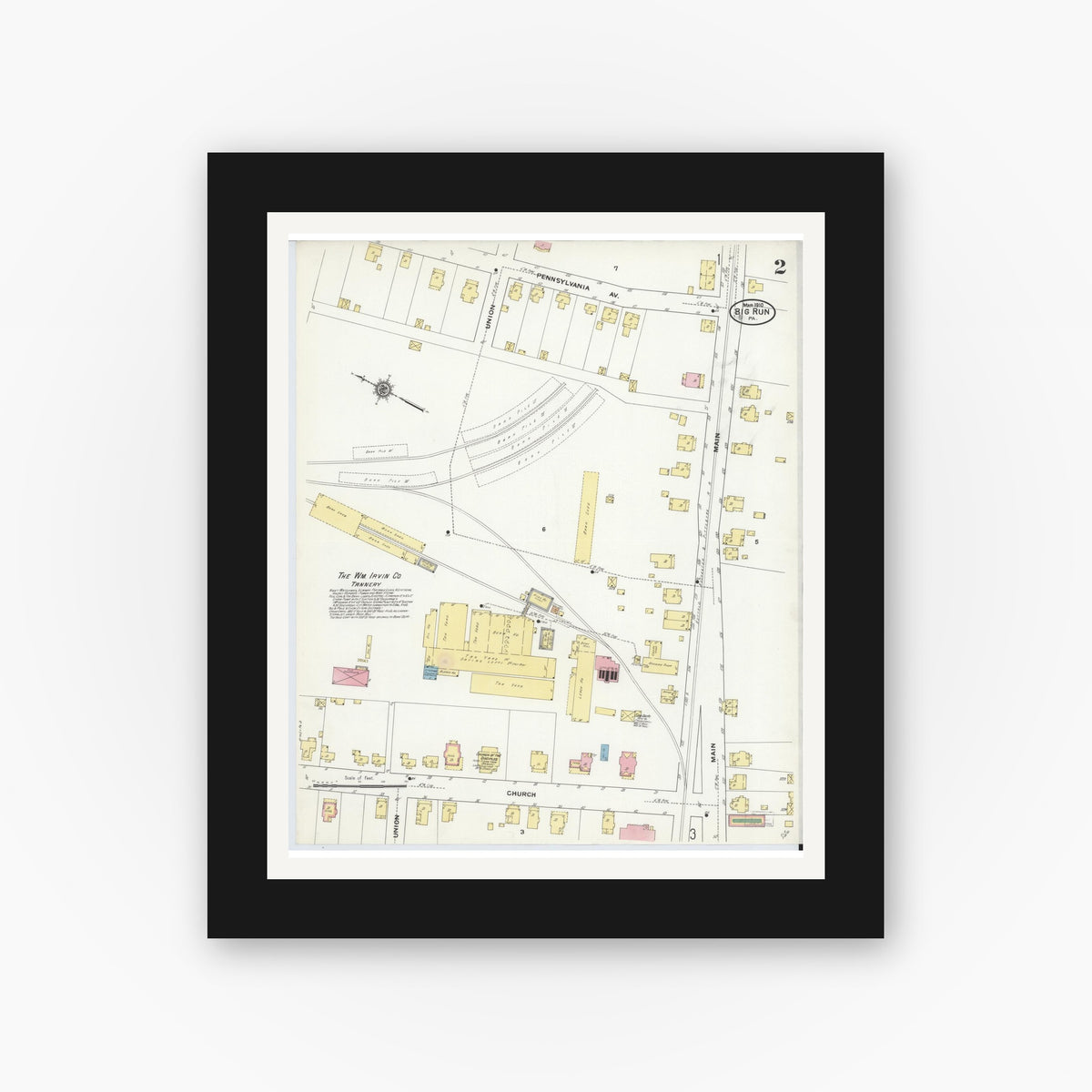 Old map wall art mockup — black gallery frame with white mat — Sanborn Fire Insurance Map from Big Run, Jefferson County, Pennsylvania (1910), Sheet #0002