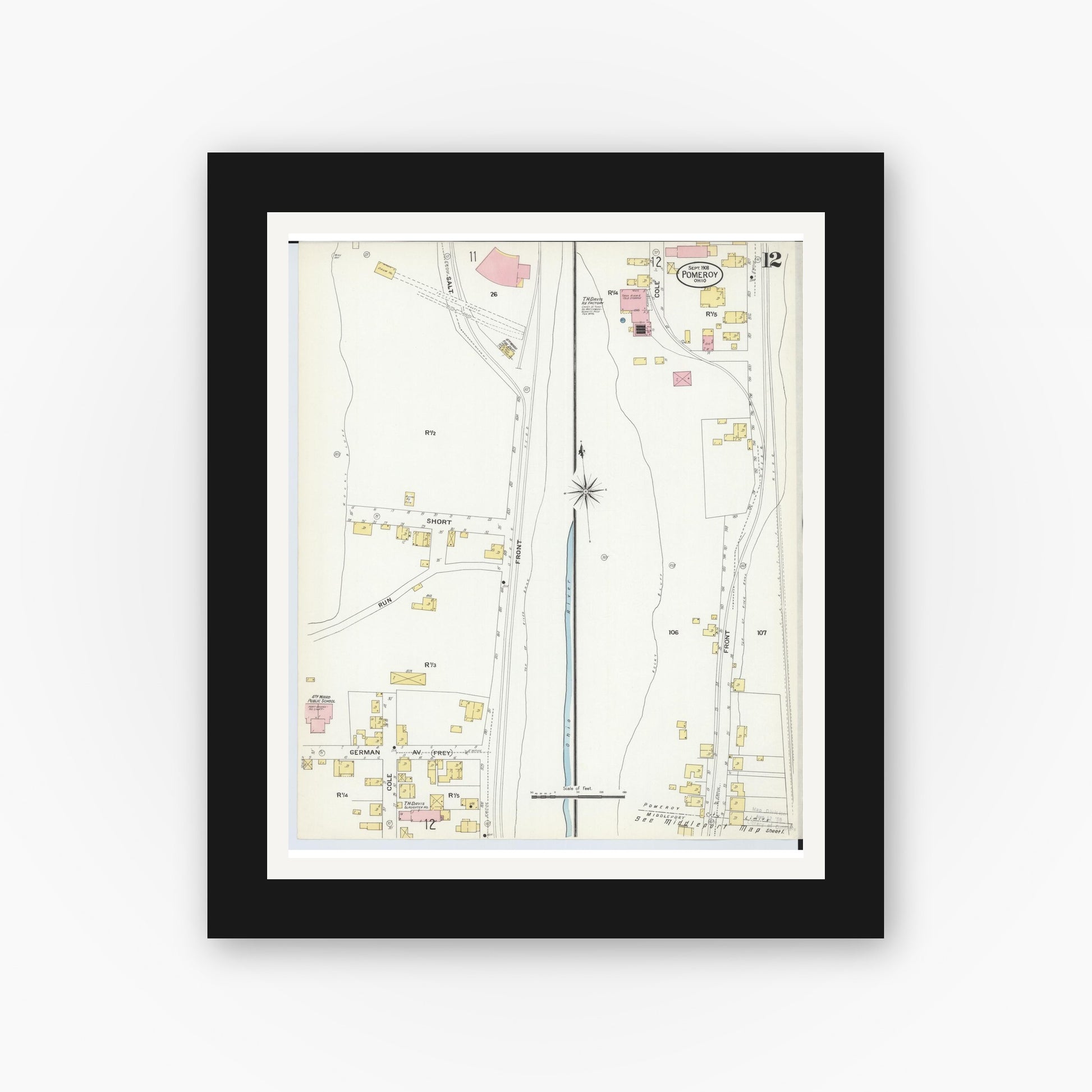Old map wall art mockup — black gallery frame with white mat — Sanborn Fire Insurance Map from Pomeroy, Meigs County, Ohio (1908), Sheet #0012