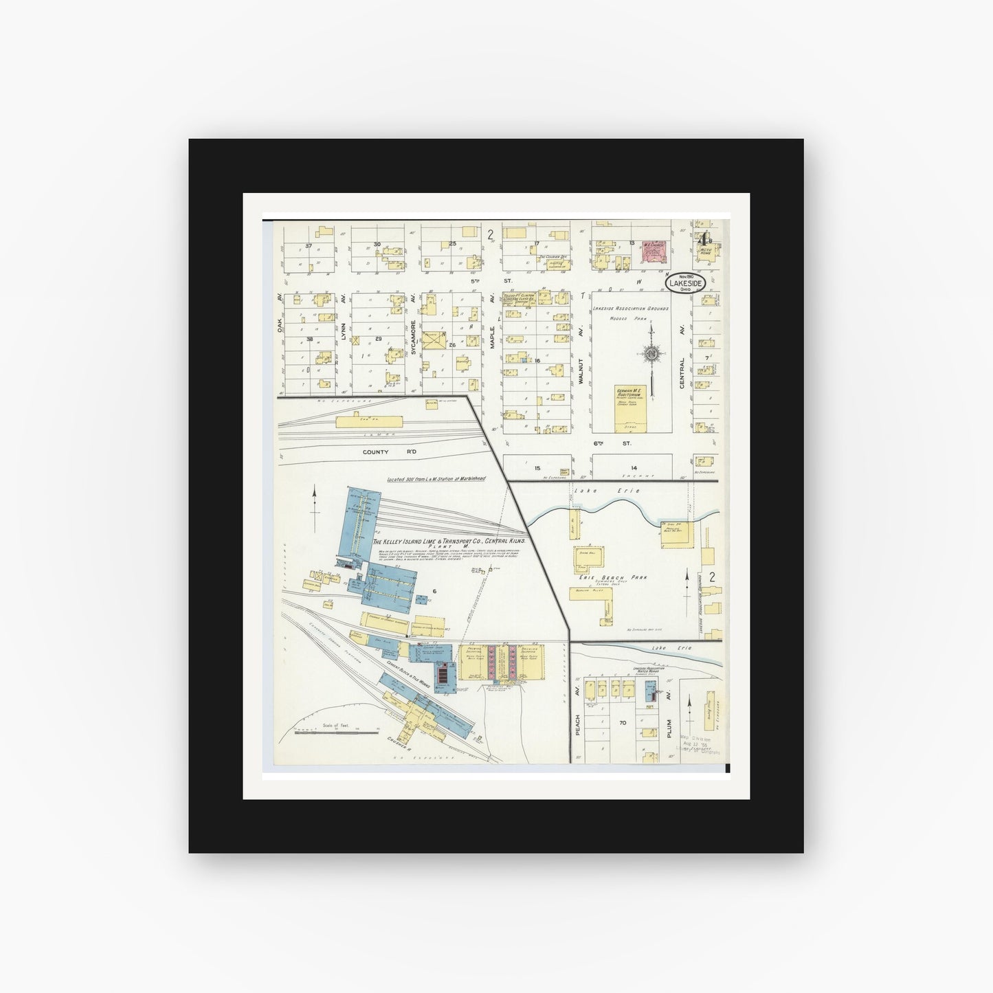 Old map wall art mockup — black gallery frame with white mat — Sanborn Fire Insurance Map from Lakeside, Ottawa County, Ohio (1910), Sheet #0004