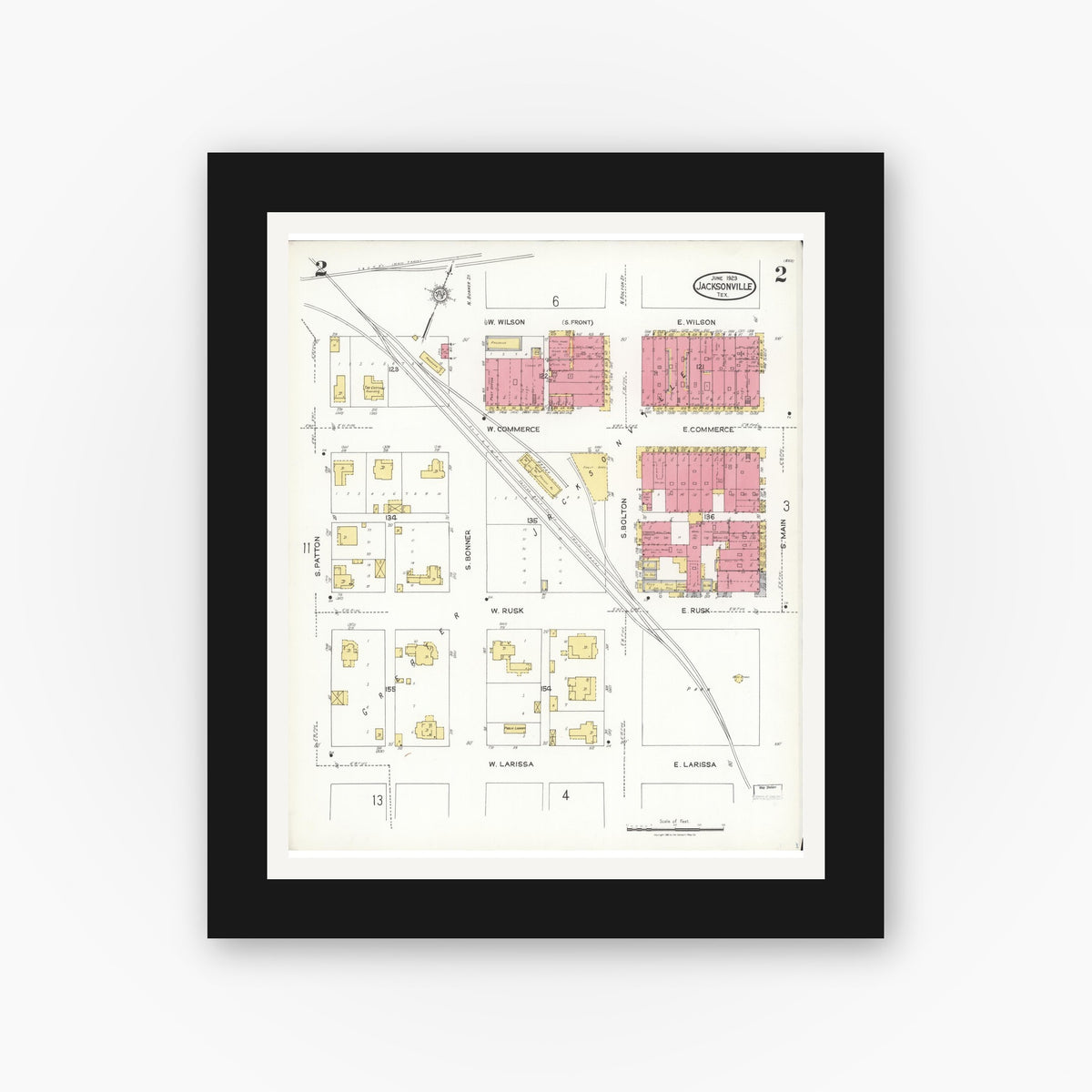 Old map wall art mockup — black gallery frame with white mat — Sanborn Fire Insurance Map from Jacksonville, Cherokee County, Texas (1923), Sheet #0002