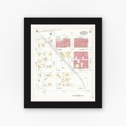 Old map wall art mockup — black gallery frame with white mat — Sanborn Fire Insurance Map from Jacksonville, Cherokee County, Texas (1923), Sheet #0002