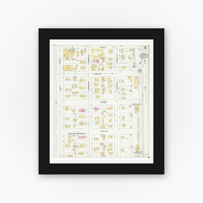 Old map wall art mockup — black gallery frame with white mat — Sanborn Fire Insurance Map from Austin, Mower County, Minnesota (1899), Sheet #0005