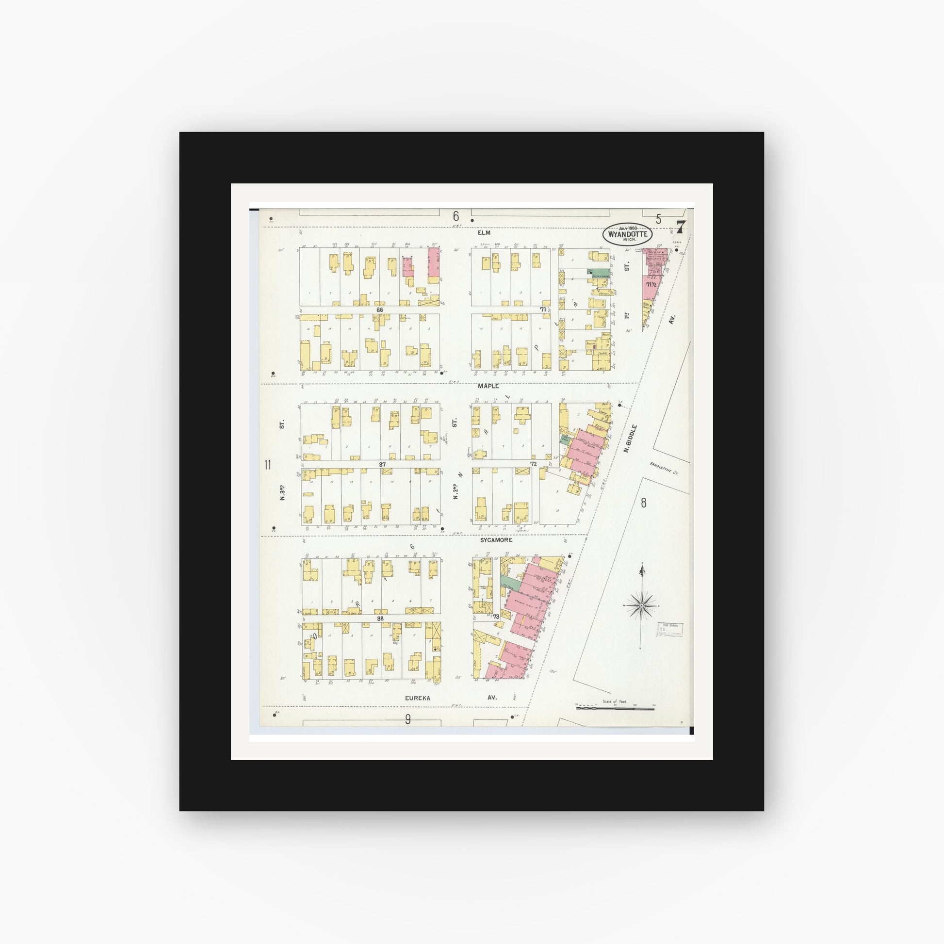 Old map wall art mockup — black gallery frame with white mat — Sanborn Fire Insurance Map from Wyandotte, Wayne County, Michigan (1900), Sheet #0007
