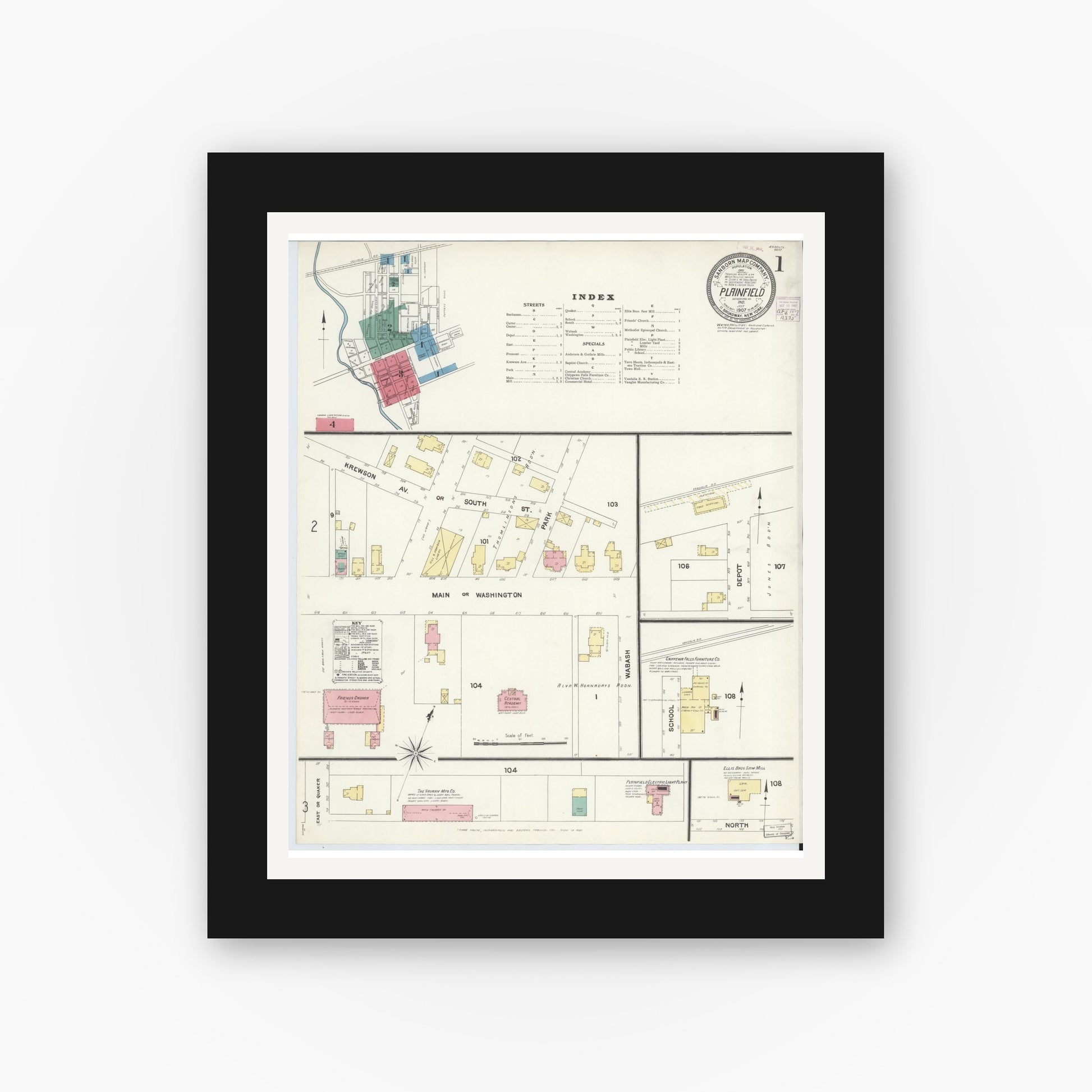 Old map wall art mockup — black gallery frame with white mat — Sanborn Fire Insurance Map from Plainfield, Hendricks County, Indiana (1907), Sheet #0001