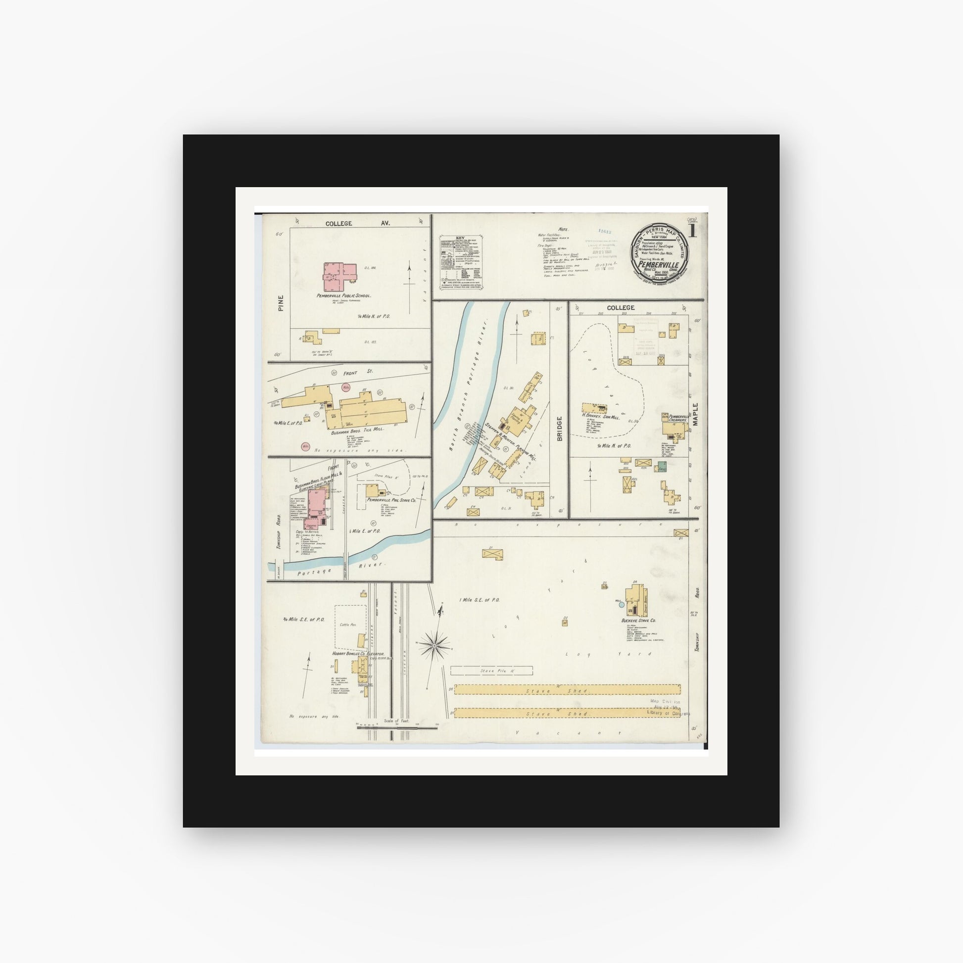 Old map wall art mockup — black gallery frame with white mat — Sanborn Fire Insurance Map from Pemberville, Wood County, Ohio (1900), Sheet #0001