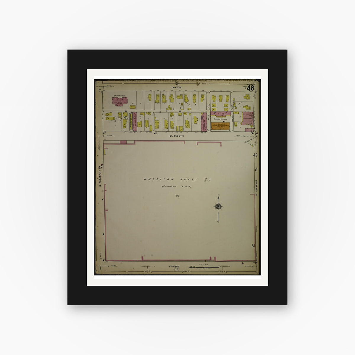 Old map wall art mockup — black gallery frame with white mat — Sanborn Fire Insurance Map from Kenosha, Kenosha County, Wisconsin. (1918), Sheet 52