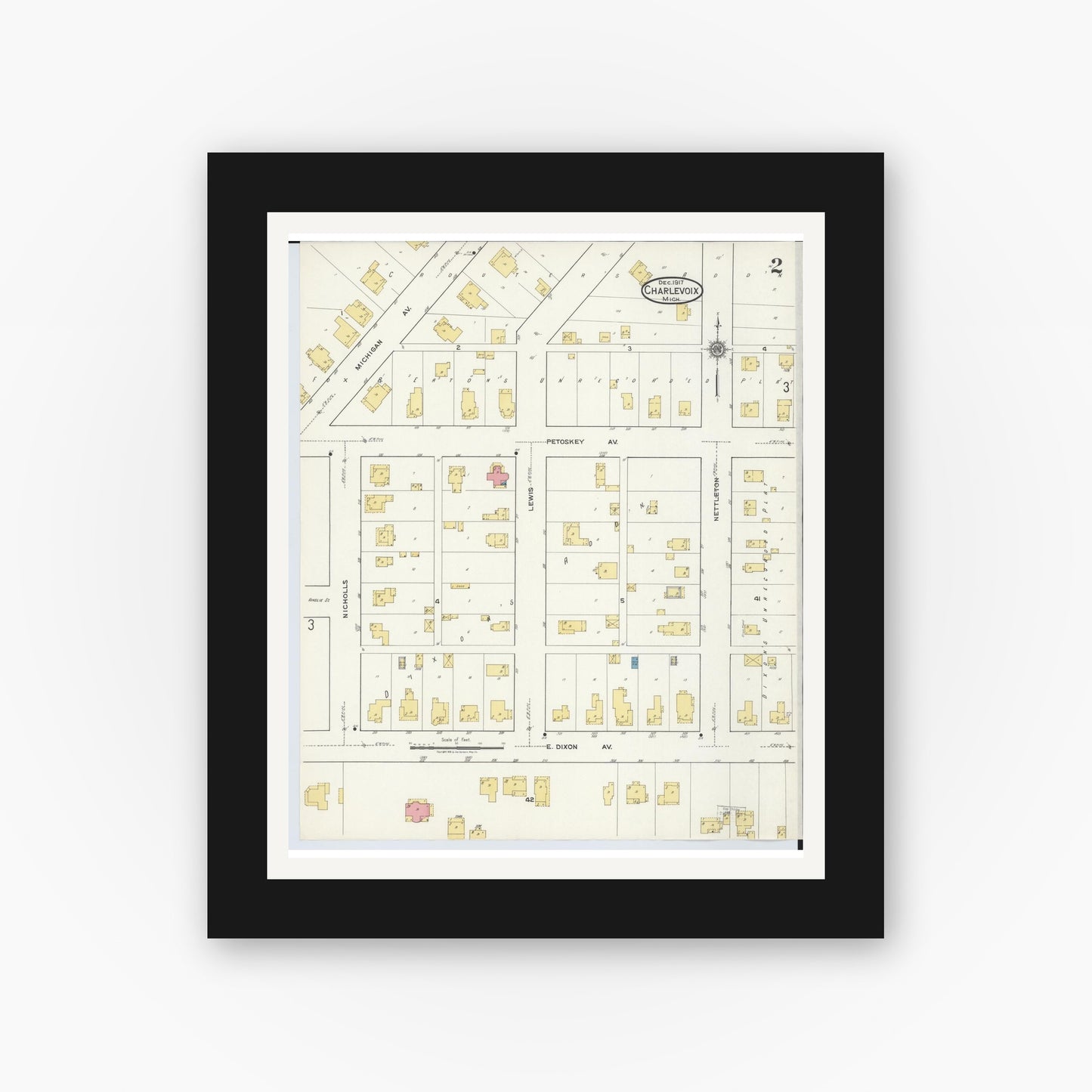 Old map wall art mockup — black gallery frame with white mat — Sanborn Fire Insurance Map from Charlevoix, Charlevoix County, Michigan (1917), Sheet #0002