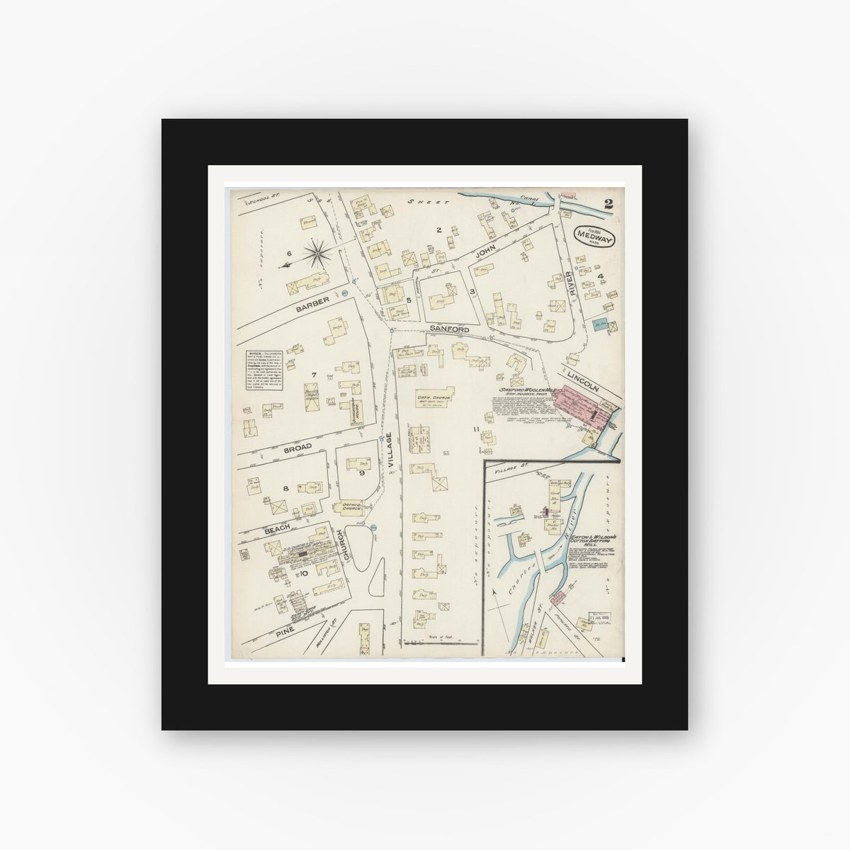Old map wall art mockup — black gallery frame with white mat — Sanborn Fire Insurance Map from Medway, Norfolk County, Massachusetts (1884), Sheet #0002