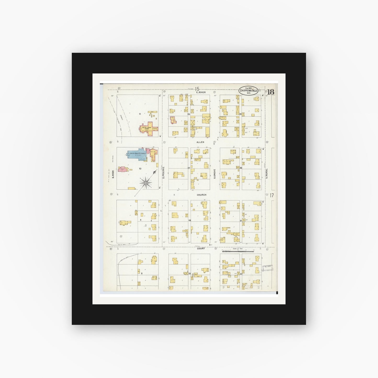 Old map wall art mockup — black gallery frame with white mat — Sanborn Fire Insurance Map from Chippewa Falls, Chippewa County, Wisconsin (1903), Sheet #0018