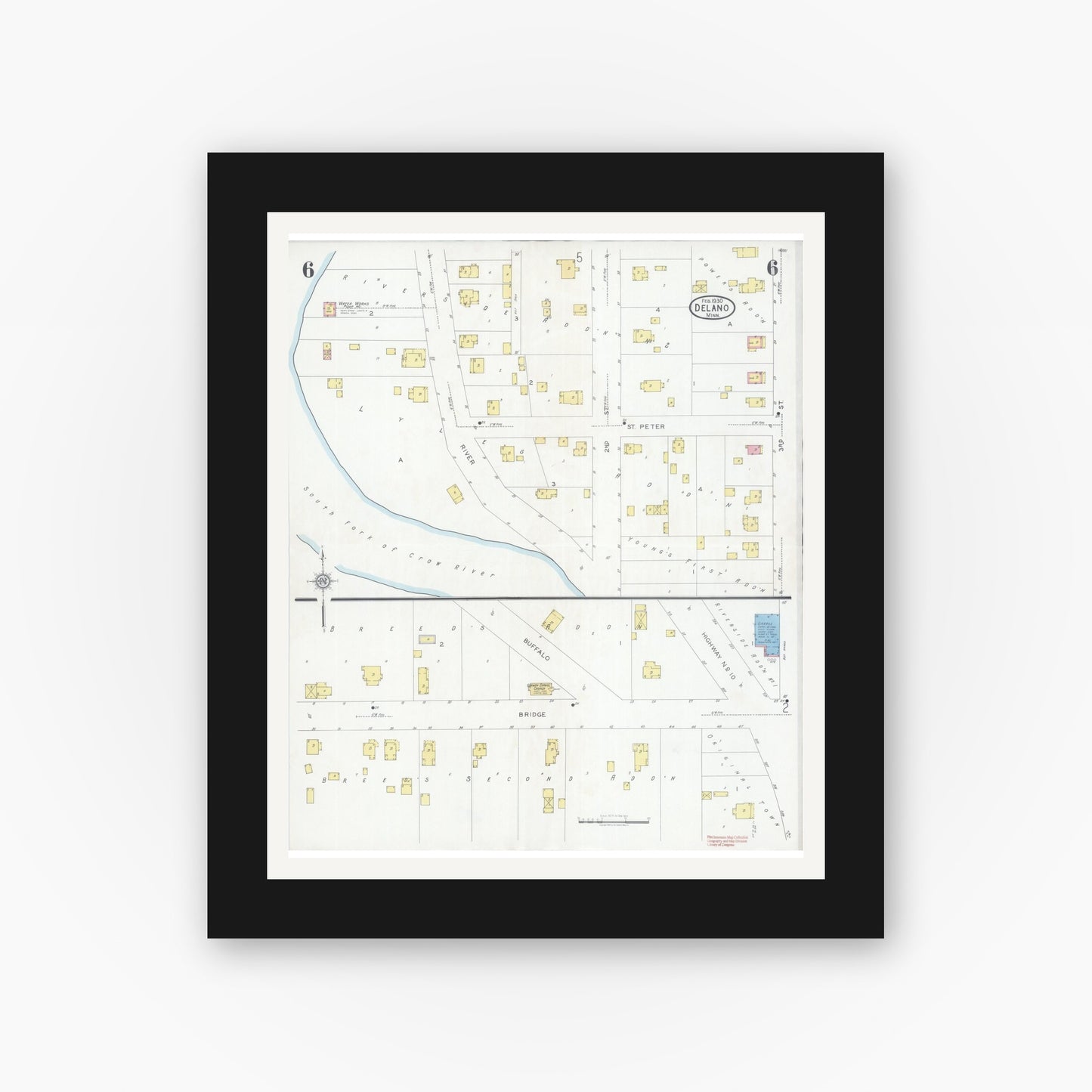 Old map wall art mockup — black gallery frame with white mat — Sanborn Fire Insurance Map from Delano, Wright County, Minnesota (1930), Sheet #0006