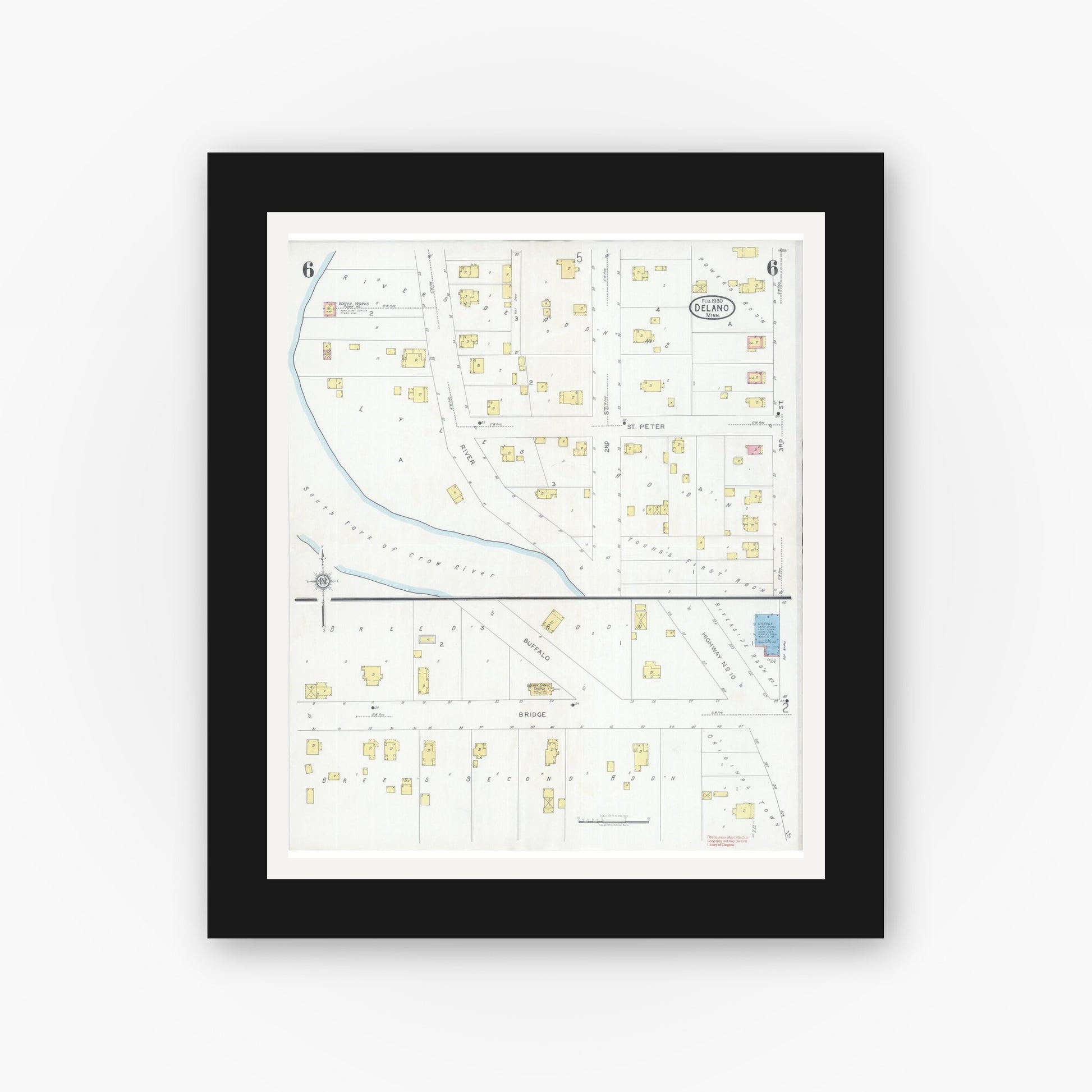 Old map wall art mockup — black gallery frame with white mat — Sanborn Fire Insurance Map from Delano, Wright County, Minnesota (1930), Sheet #0006