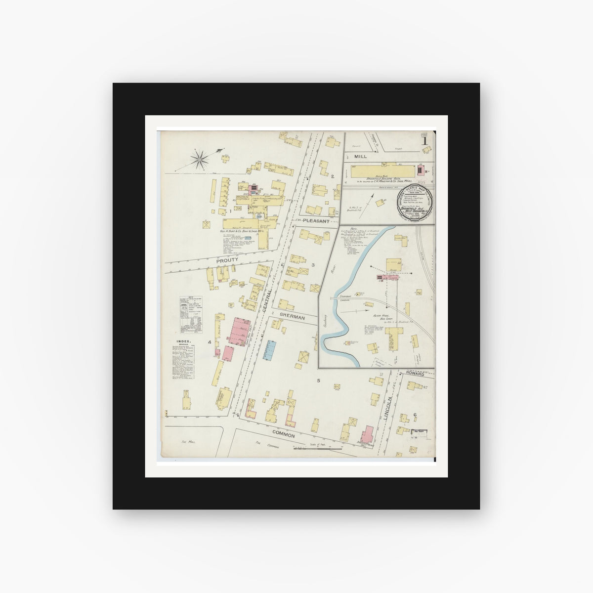 Old map wall art mockup — black gallery frame with white mat — Sanborn Fire Insurance Map from Brookfield, Worcester County, Massachusetts (1893), Sheet #0001