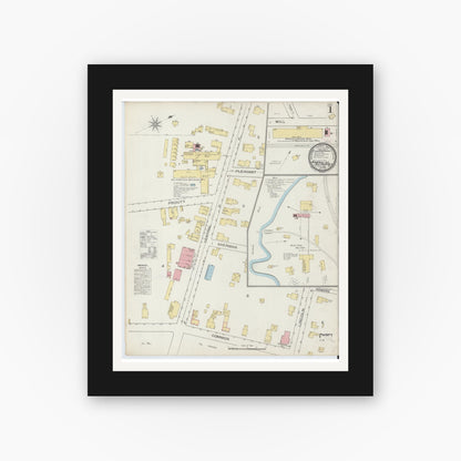 Old map wall art mockup — black gallery frame with white mat — Sanborn Fire Insurance Map from Brookfield, Worcester County, Massachusetts (1893), Sheet #0001
