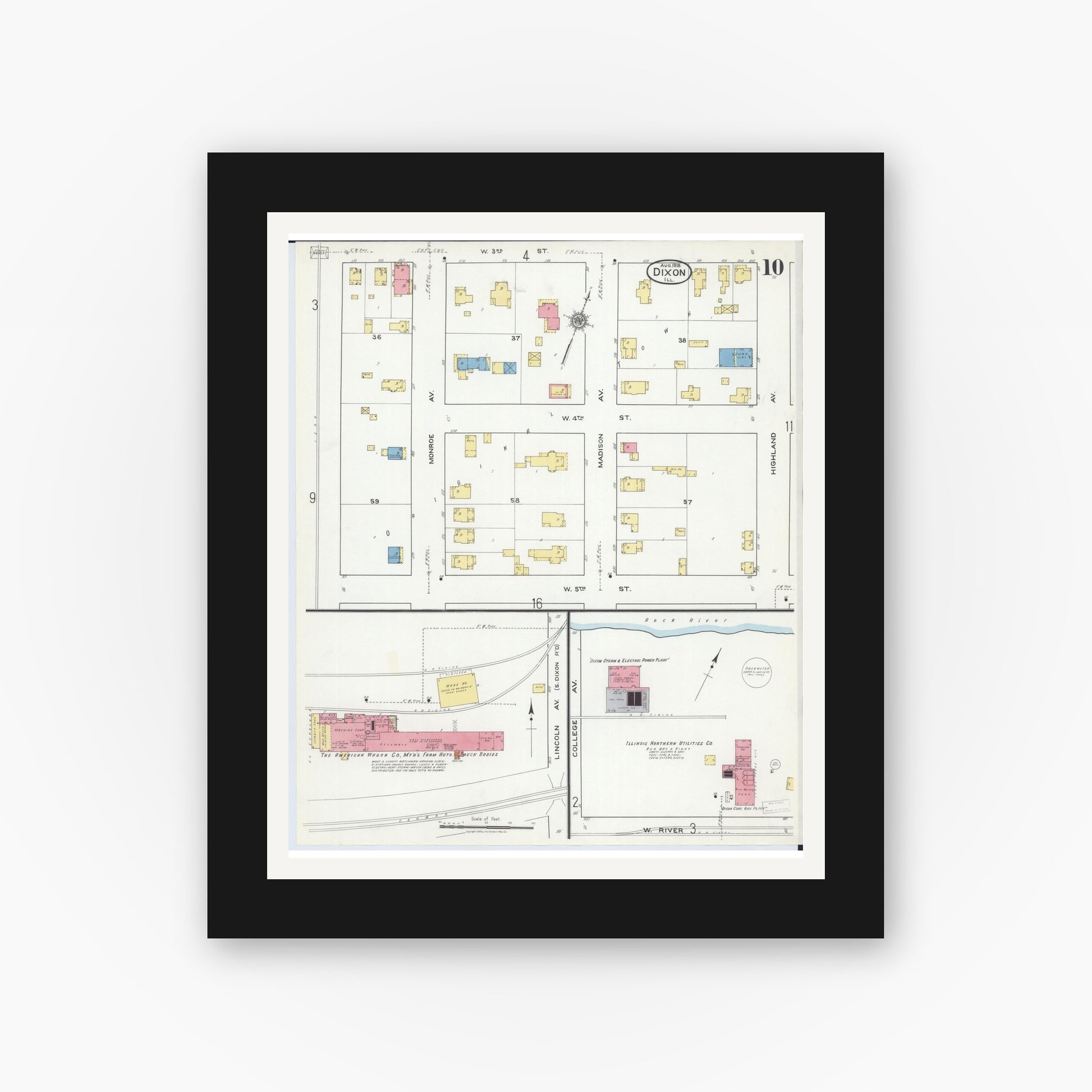 Old map wall art mockup — black gallery frame with white mat — Sanborn Fire Insurance Map from Dixon, Lee County, Illinois (1918), Sheet #0010