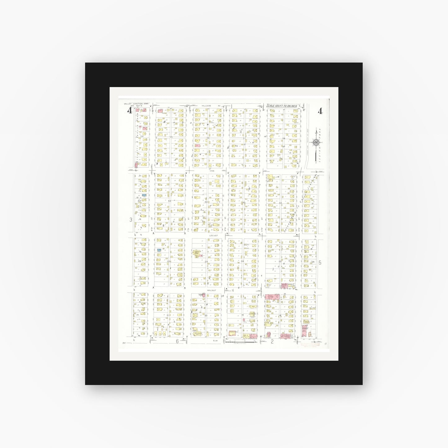 Old map wall art mockup — black gallery frame with white mat — Sanborn Fire Insurance Map from Valley Junction, Polk County, Iowa (1937), Sheet #0004