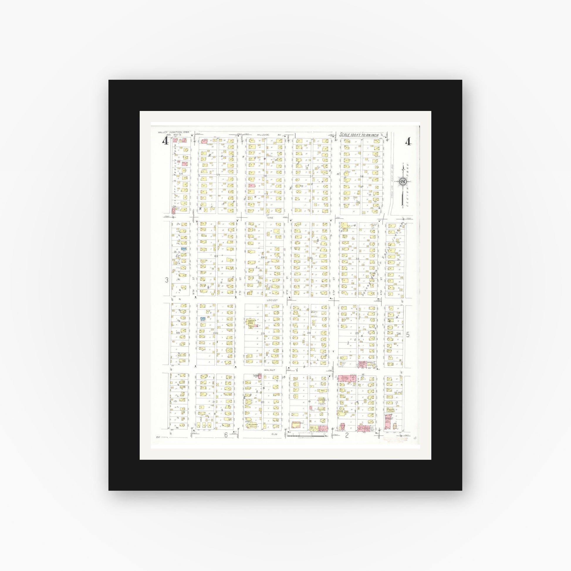 Old map wall art mockup — black gallery frame with white mat — Sanborn Fire Insurance Map from Valley Junction, Polk County, Iowa (1937), Sheet #0004