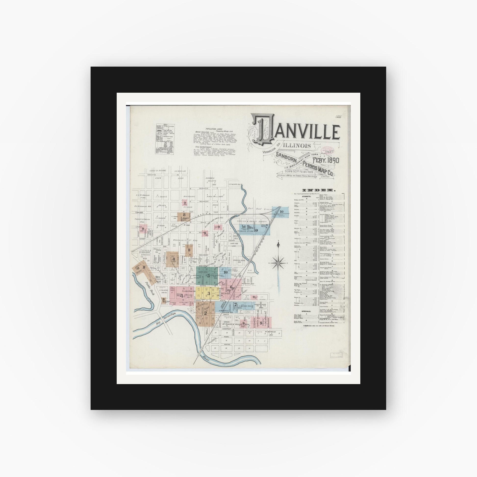 Old map wall art mockup — black gallery frame with white mat — Sanborn Fire Insurance Map from Danville, Vermilion County, Illinois (1890), Sheet #0001