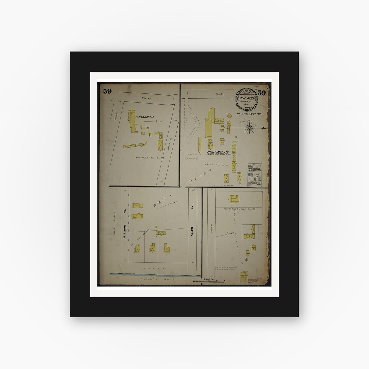 Old map wall art mockup — black gallery frame with white mat — Sanborn Fire Insurance Map from New Jersey Coast, New Jersey Coast, New Jersey (1890), Sheet #0059