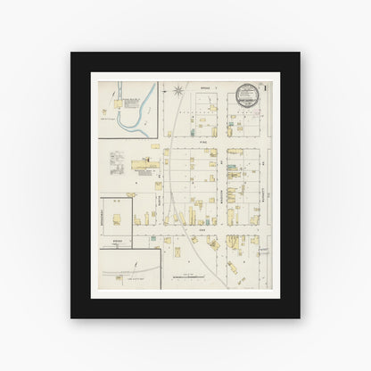 Old map wall art mockup — black gallery frame with white mat — Sanborn Fire Insurance Map from Grantsburg, Burnett County, Wisconsin (1894), Sheet #0001