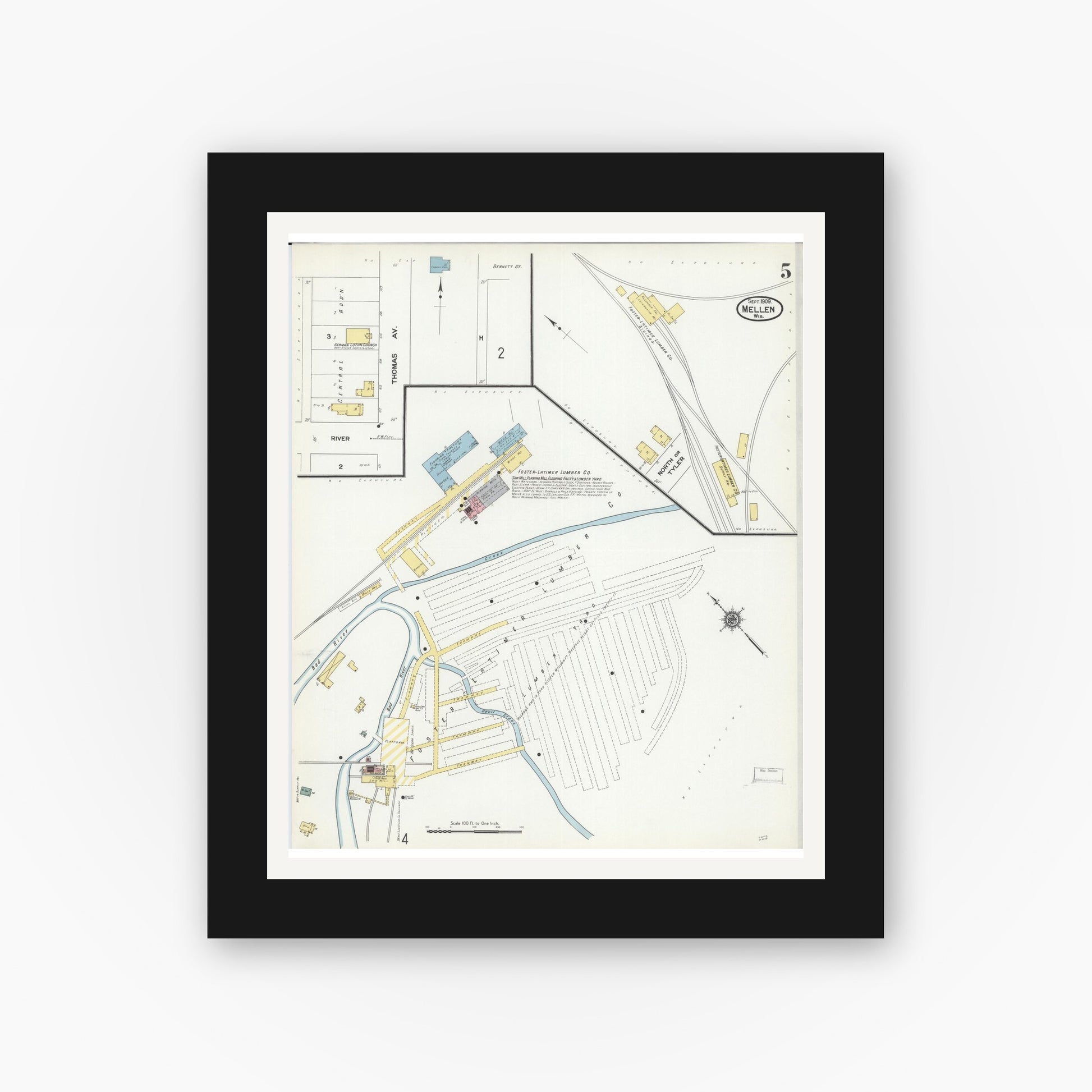 Old map wall art mockup — black gallery frame with white mat — Sanborn Fire Insurance Map from Mellen, Ashland County, Wisconsin (1909), Sheet #0005