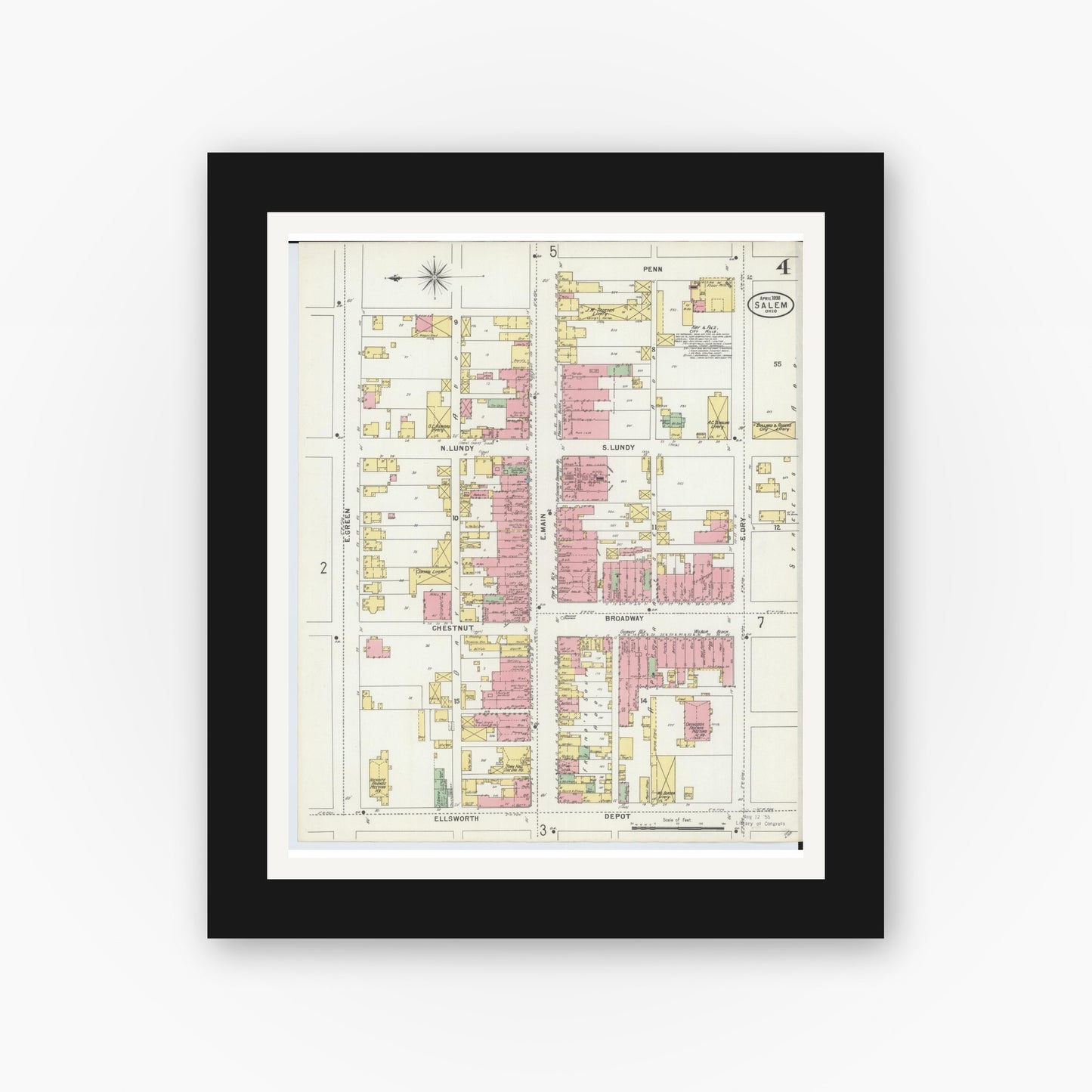 Old map wall art mockup — black gallery frame with white mat — Sanborn Fire Insurance Map from Salem, Columbiana County, Ohio (1898), Sheet #0004