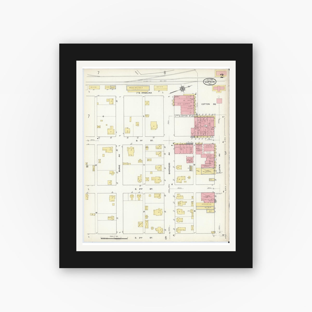 Old map wall art mockup — black gallery frame with white mat — Sanborn Fire Insurance Map from Lufkin, Angelina County, Texas (1915), Sheet #0002