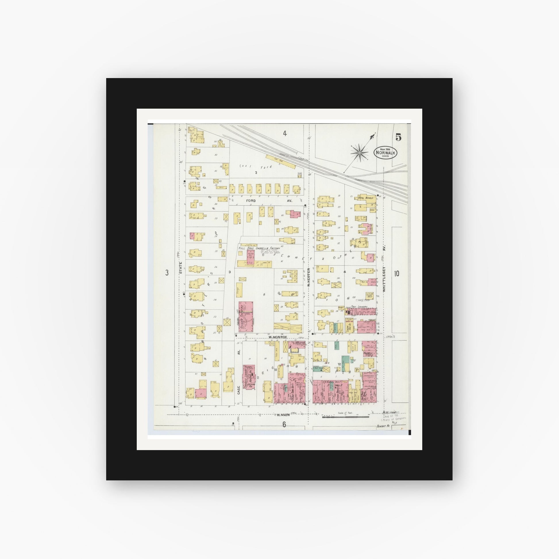 Old map wall art mockup — black gallery frame with white mat — Sanborn Fire Insurance Map from Norwalk, Huron County, Ohio (1906), Sheet #0005