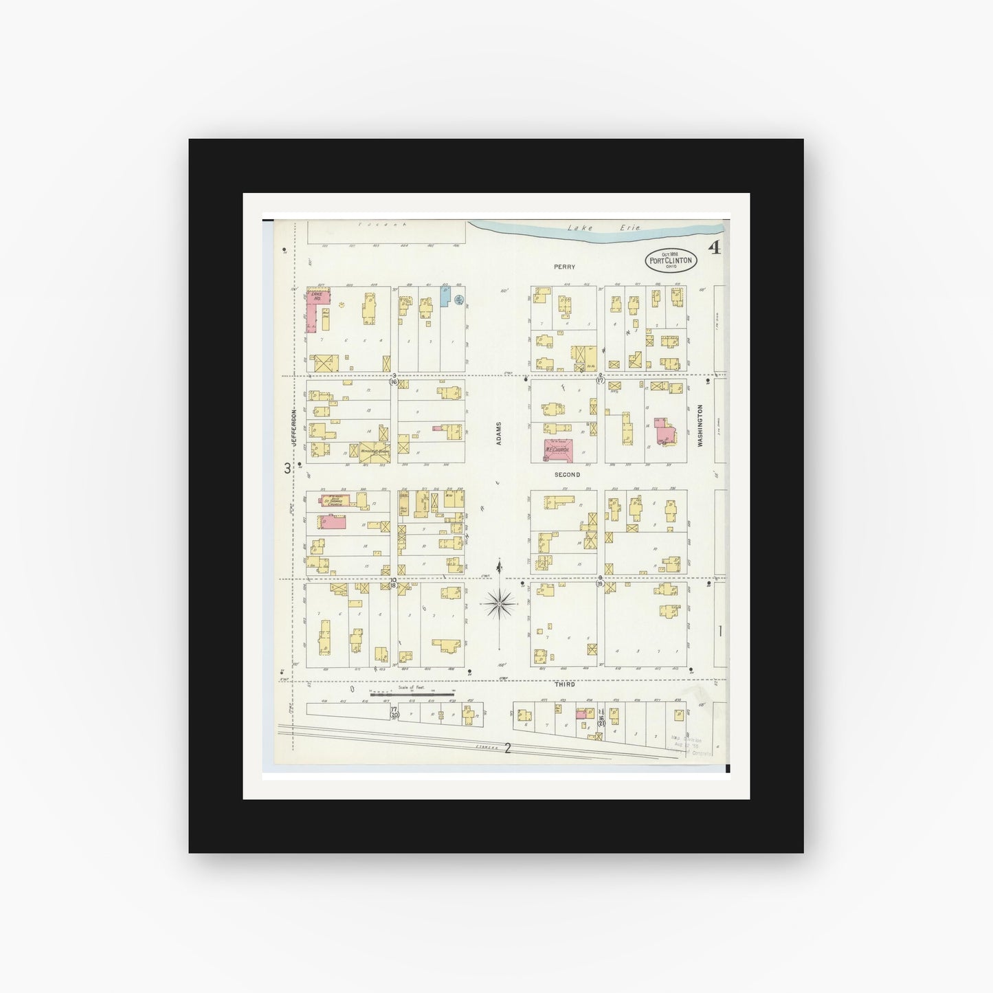 Old map wall art mockup — black gallery frame with white mat — Sanborn Fire Insurance Map from Port Clinton, Ottawa County, Ohio (1898), Sheet #0004