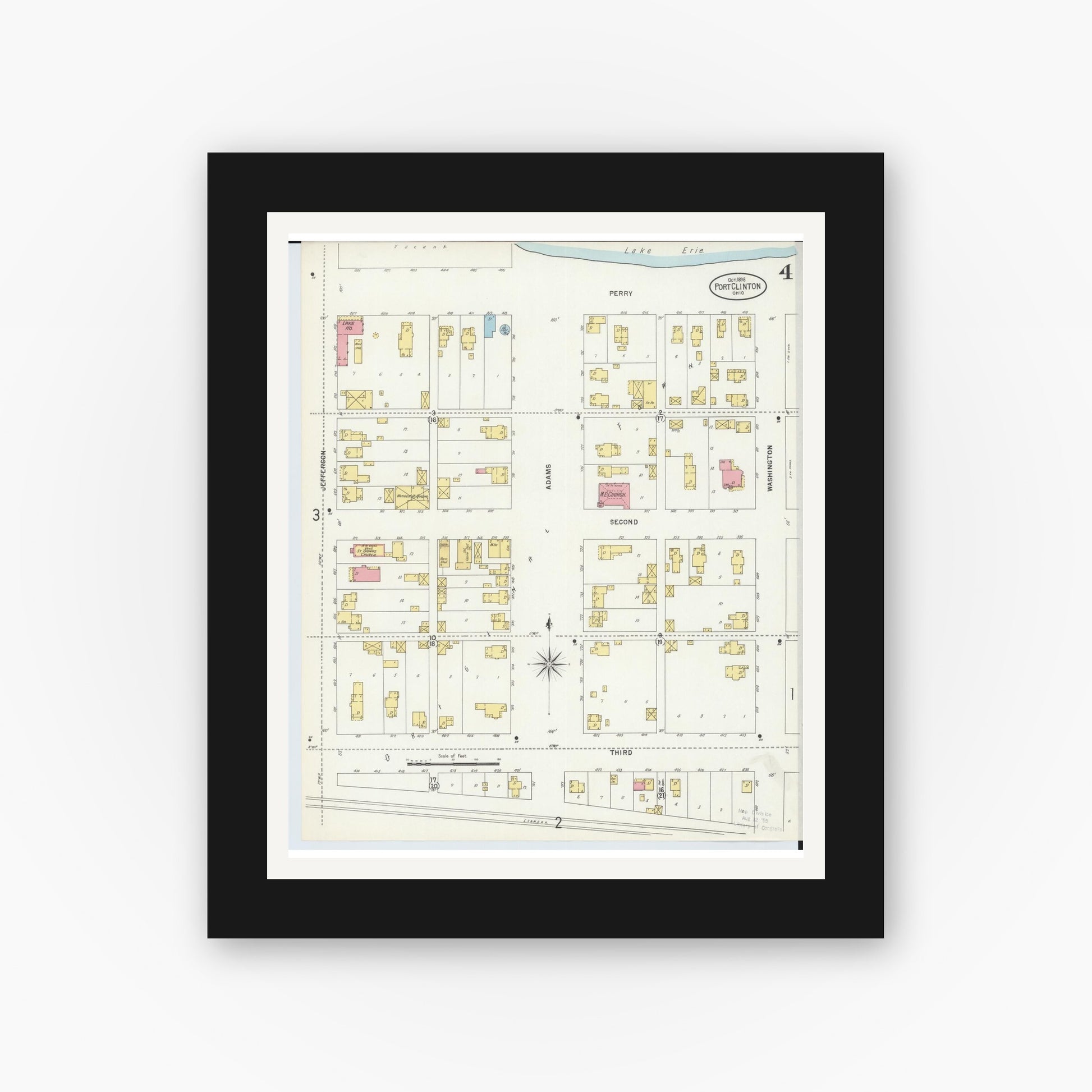 Old map wall art mockup — black gallery frame with white mat — Sanborn Fire Insurance Map from Port Clinton, Ottawa County, Ohio (1898), Sheet #0004
