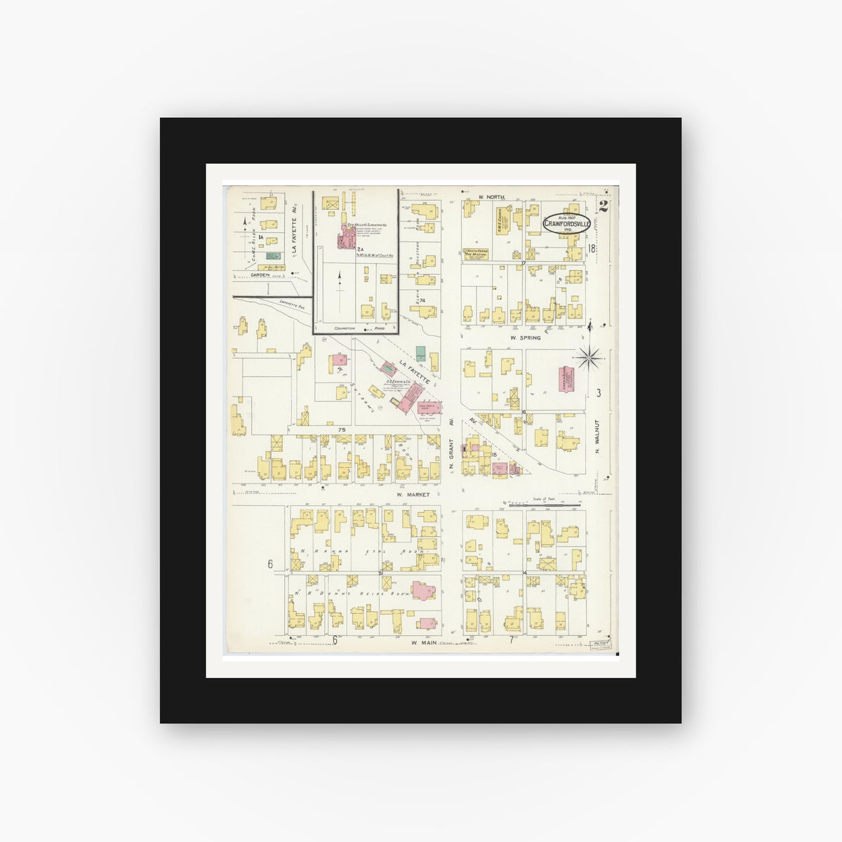 Old map wall art mockup — black gallery frame with white mat — Sanborn Fire Insurance Map from Crawfordsville, Montgomery County, Indiana (1907), Sheet #0002