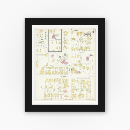 Old map wall art mockup — black gallery frame with white mat — Sanborn Fire Insurance Map from Crawfordsville, Montgomery County, Indiana (1907), Sheet #0002