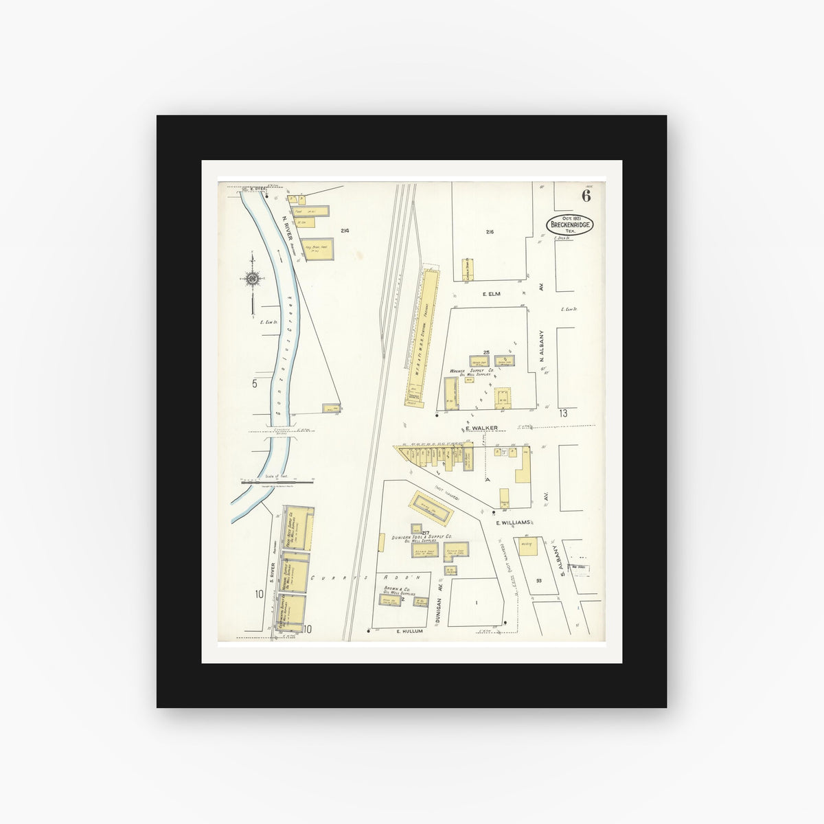 Old map wall art mockup — black gallery frame with white mat — Sanborn Fire Insurance Map from Breckenridge, Stephens County, Texas (1921), Sheet #0006