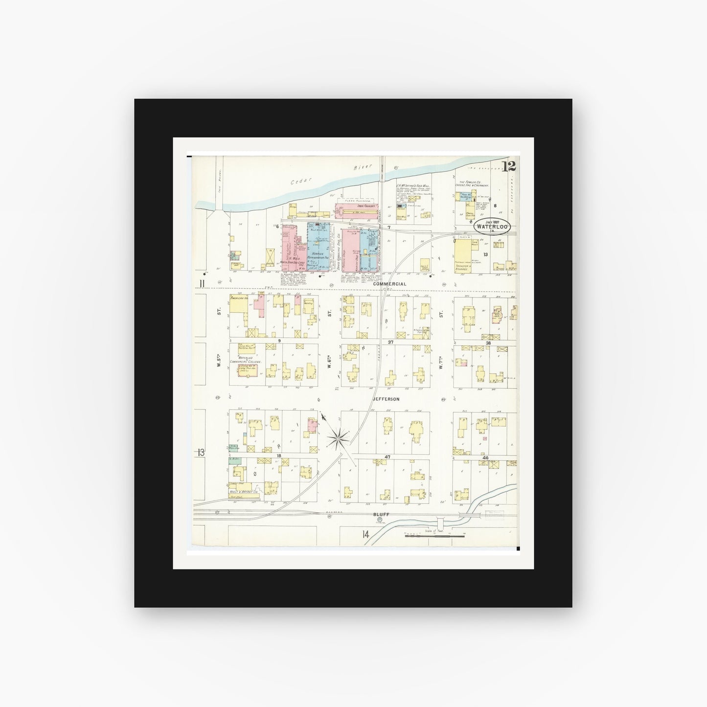 Old map wall art mockup — black gallery frame with white mat — Sanborn Fire Insurance Map from Waterloo, Black Hawk County, Iowa (1897), Sheet #0012