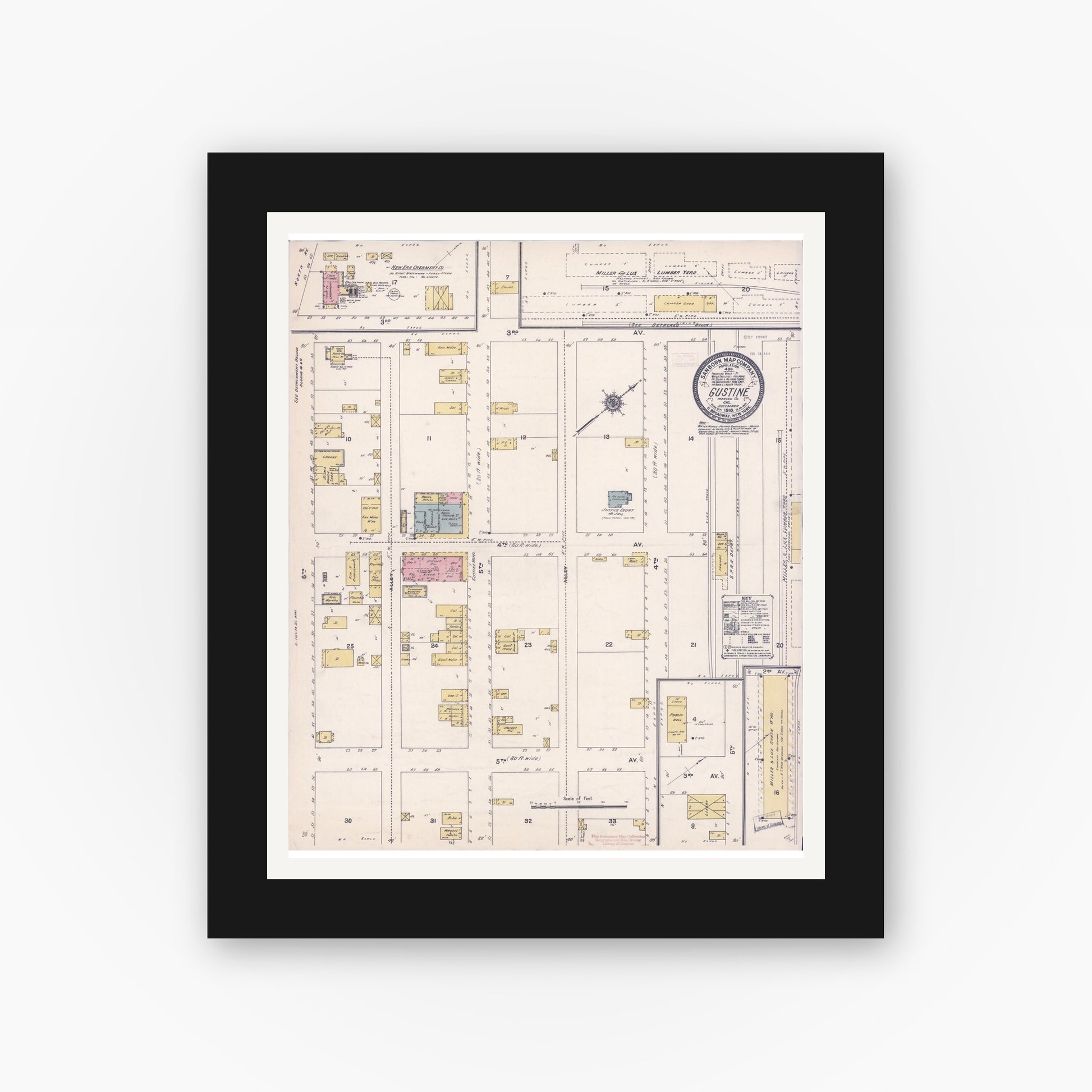 Old map wall art mockup — black gallery frame with white mat — Sanborn Fire Insurance Map from Gustine, Merced County, California (1910), Sheet #0001
