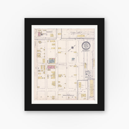 Old map wall art mockup — black gallery frame with white mat — Sanborn Fire Insurance Map from Gustine, Merced County, California (1910), Sheet #0001