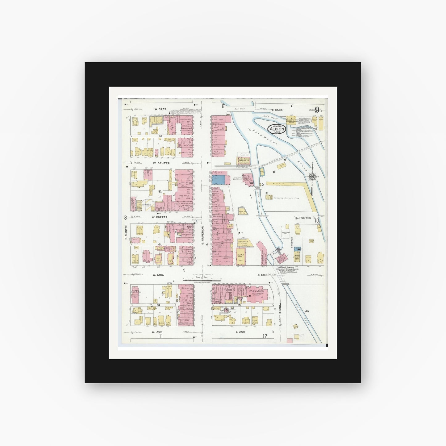 Old map wall art mockup — black gallery frame with white mat — Sanborn Fire Insurance Map from Albion, Calhoun County, Michigan (1918), Sheet #0009