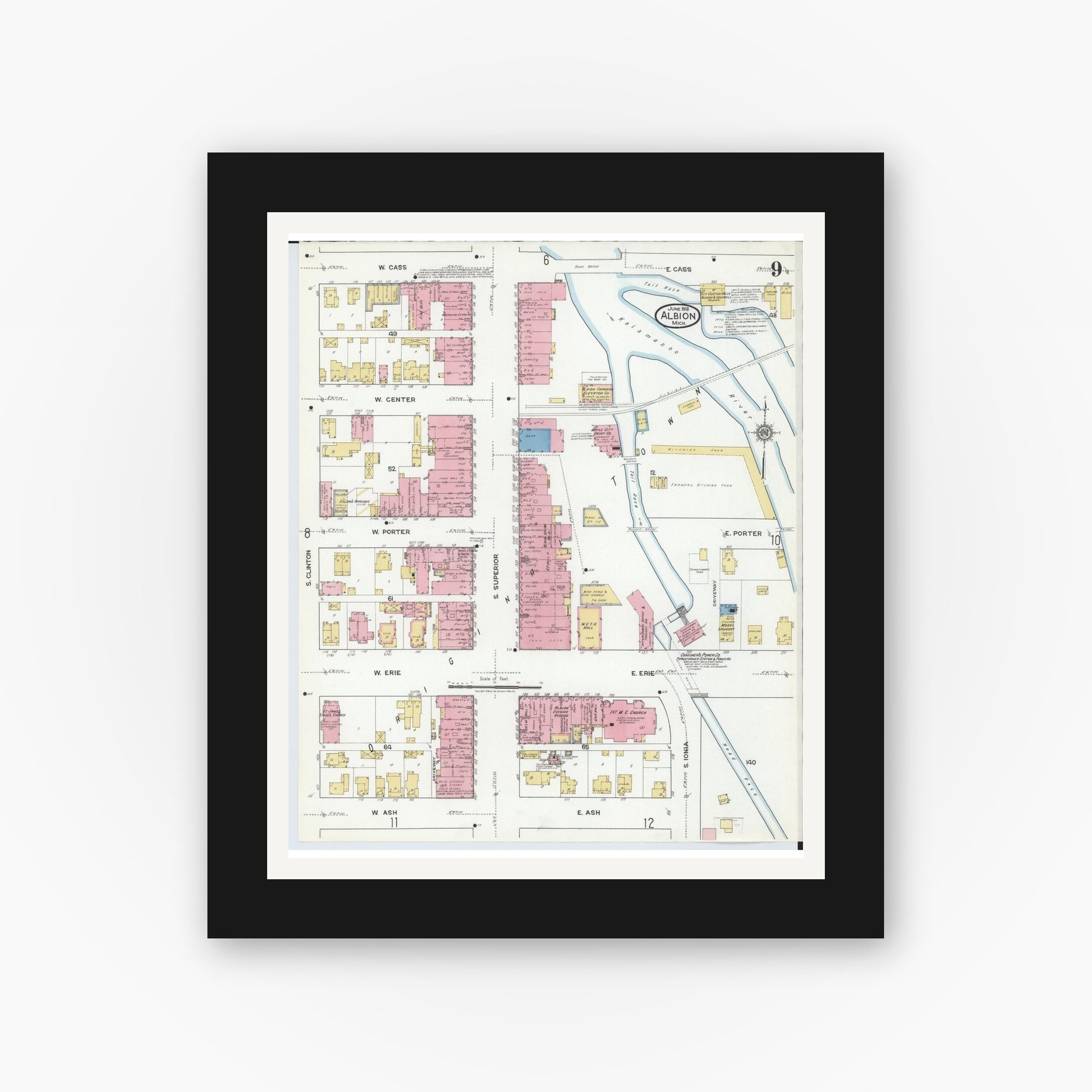 Old map wall art mockup — black gallery frame with white mat — Sanborn Fire Insurance Map from Albion, Calhoun County, Michigan (1918), Sheet #0009