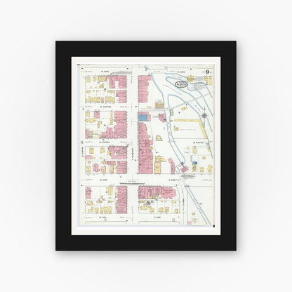 Old map wall art mockup — black gallery frame with white mat — Sanborn Fire Insurance Map from Albion, Calhoun County, Michigan (1918), Sheet #0009