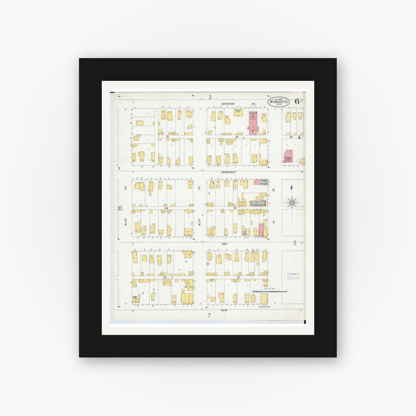 Old map wall art mockup — black gallery frame with white mat — Sanborn Fire Insurance Map from Wyandotte, Wayne County, Michigan (1900), Sheet #0006