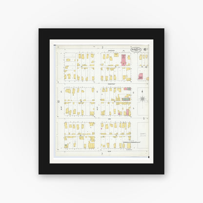 Old map wall art mockup — black gallery frame with white mat — Sanborn Fire Insurance Map from Wyandotte, Wayne County, Michigan (1900), Sheet #0006