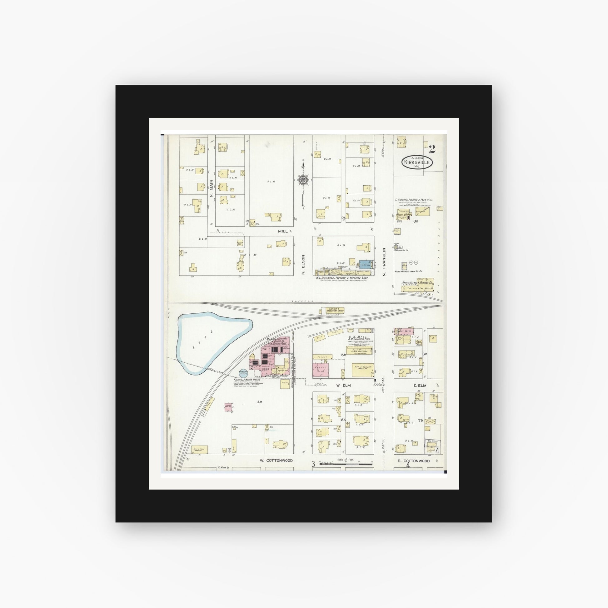 Old map wall art mockup — black gallery frame with white mat — Sanborn Fire Insurance Map from Kirksville, Adair County, Missouri (1914), Sheet #0002