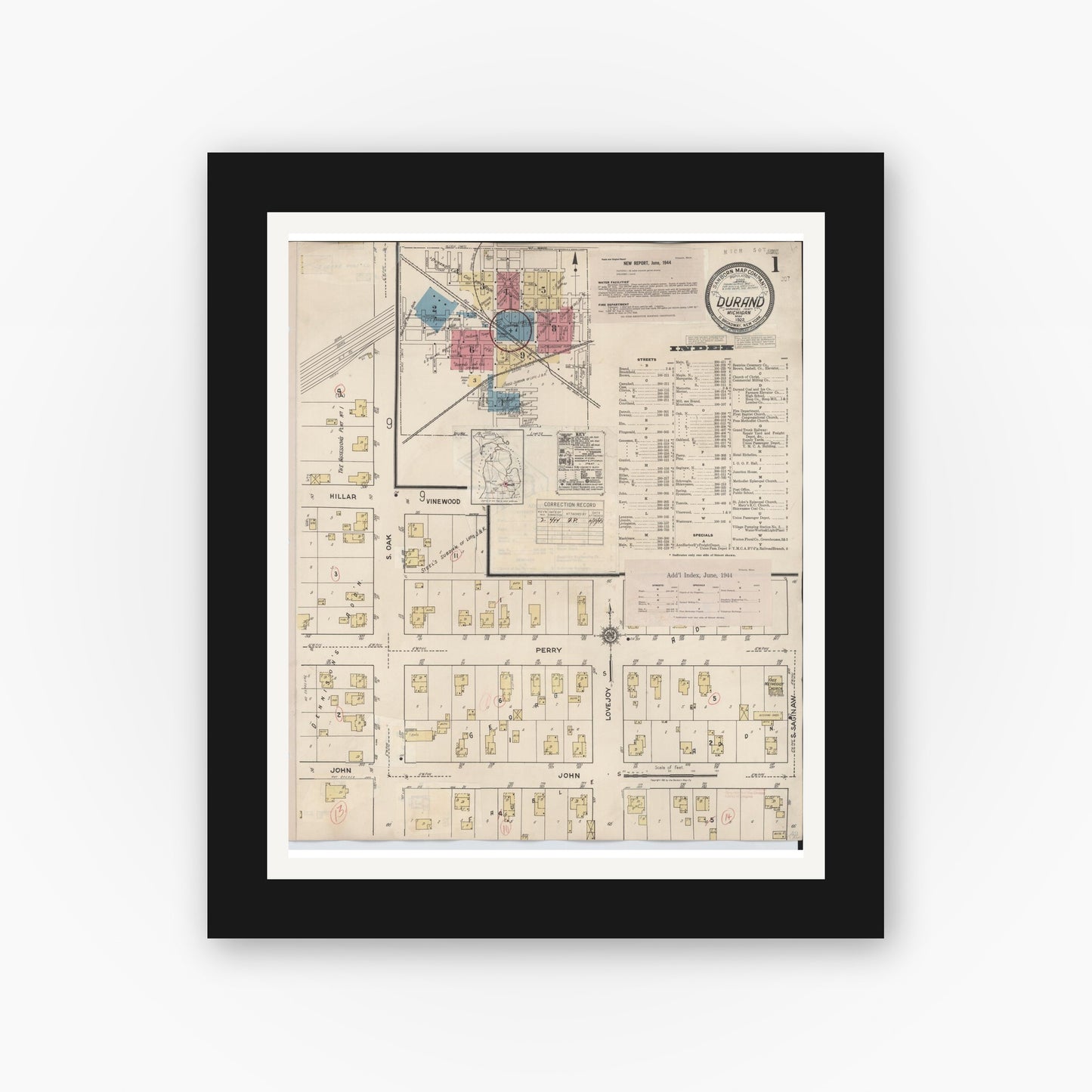 Old map wall art mockup — black gallery frame with white mat — Sanborn Fire Insurance Map from Durand, Shiawassee County, Michigan (1944), Sheet #0001
