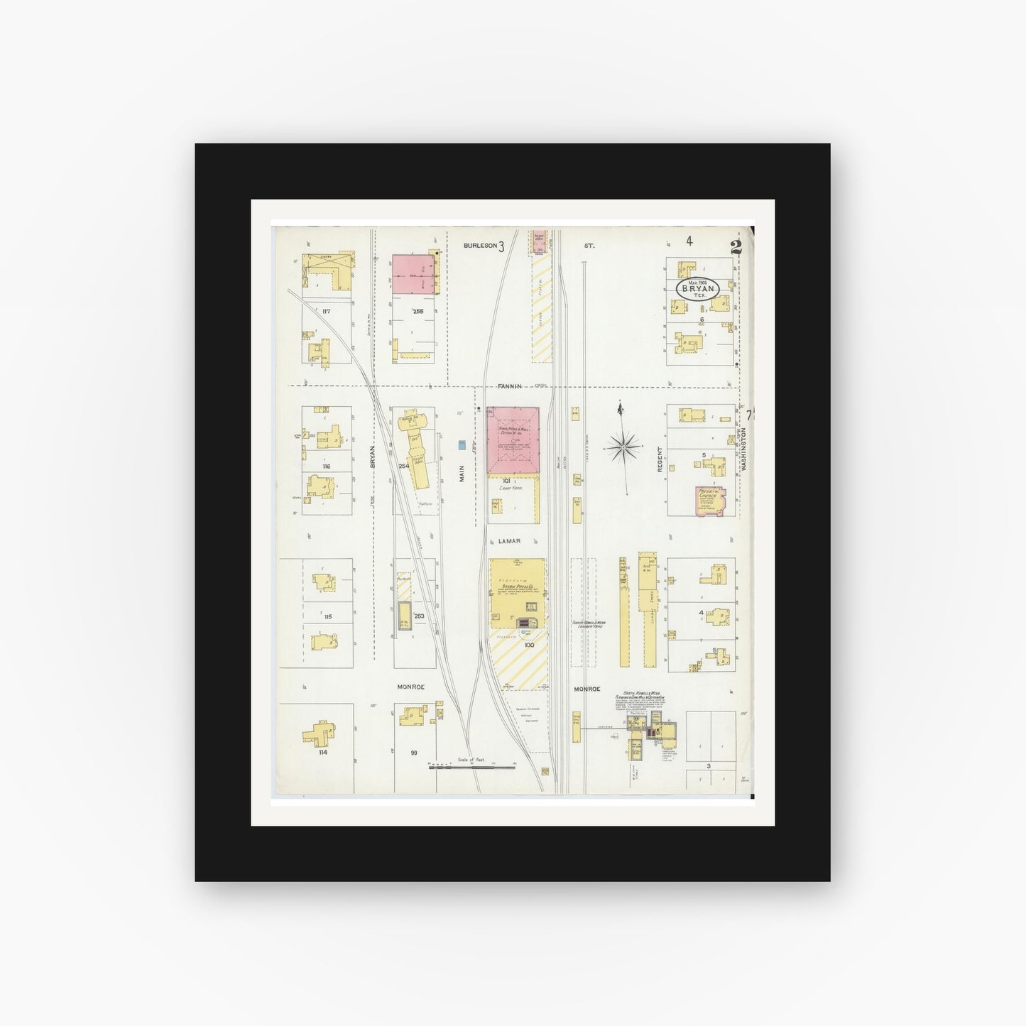 Old map wall art mockup — black gallery frame with white mat — Sanborn Fire Insurance Map from Bryan, Brazos County, Texas (1906), Sheet #0002