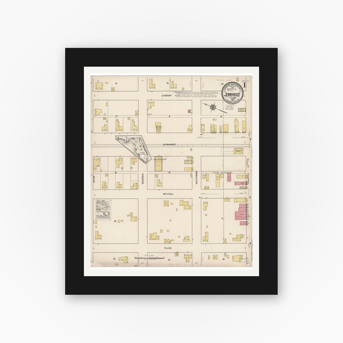Old map wall art mockup — black gallery frame with white mat — Sanborn Fire Insurance Map from Jennings, Hamilton County, Florida (1922), Sheet #0001