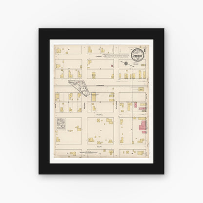 Old map wall art mockup — black gallery frame with white mat — Sanborn Fire Insurance Map from Jennings, Hamilton County, Florida (1922), Sheet #0001