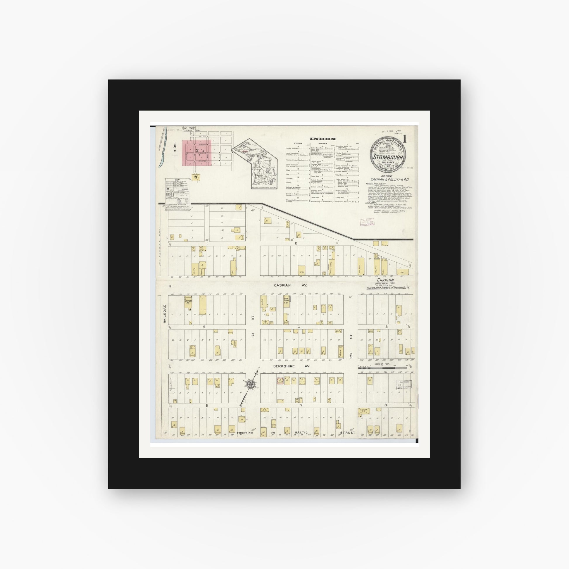 Old map wall art mockup — black gallery frame with white mat — Sanborn Fire Insurance Map from Stambaugh, Iron County, Michigan (1913), Sheet #0001