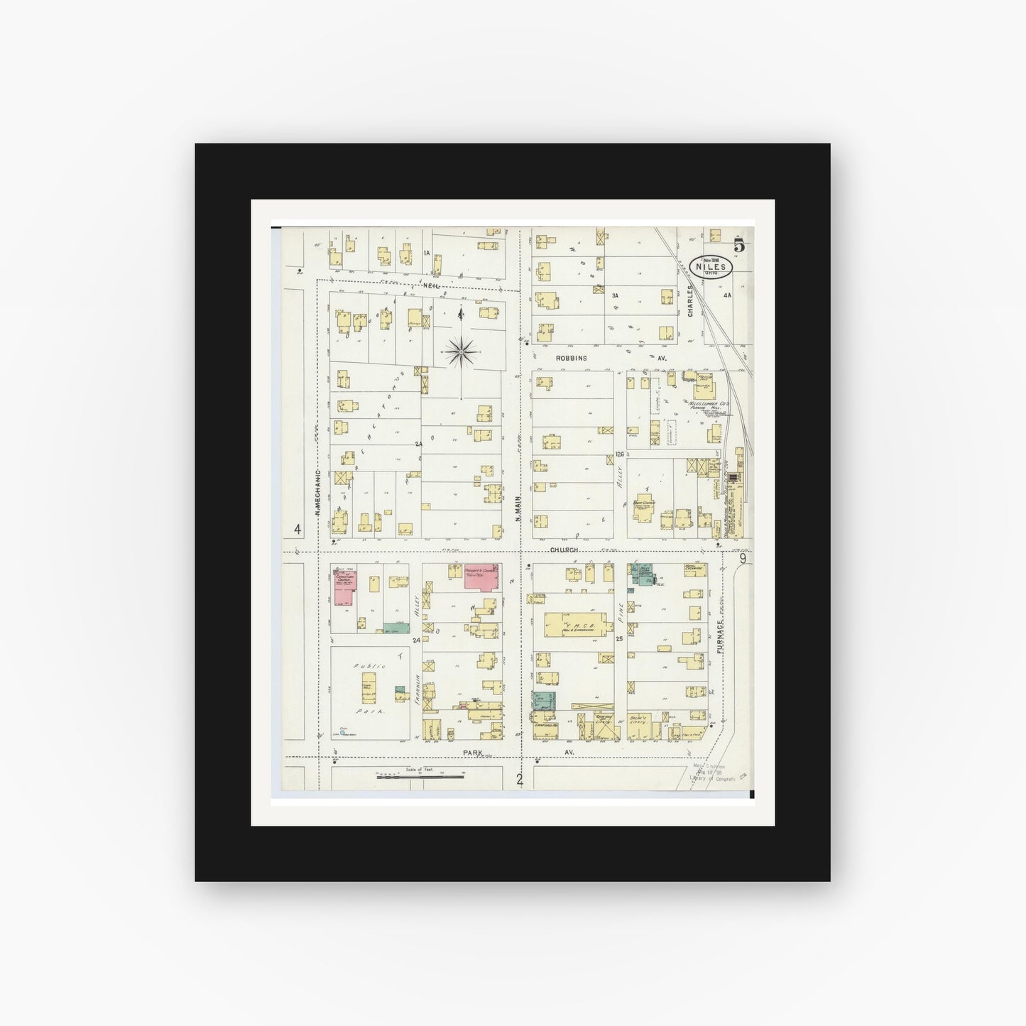 Old map wall art mockup — black gallery frame with white mat — Sanborn Fire Insurance Map from Niles, Trumbull County, Ohio (1898), Sheet #0005