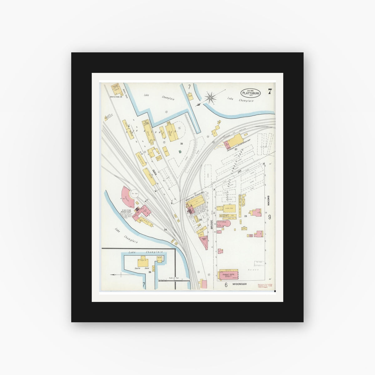Old map wall art mockup — black gallery frame with white mat — Sanborn Fire Insurance Map from Plattsburg, Clinton County, New York (1902), Sheet #0007