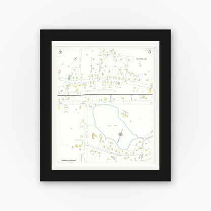 Old map wall art mockup — black gallery frame with white mat — Sanborn Fire Insurance Map from Bourne, Barnstable County, Massachusetts (1941), Sheet #0003