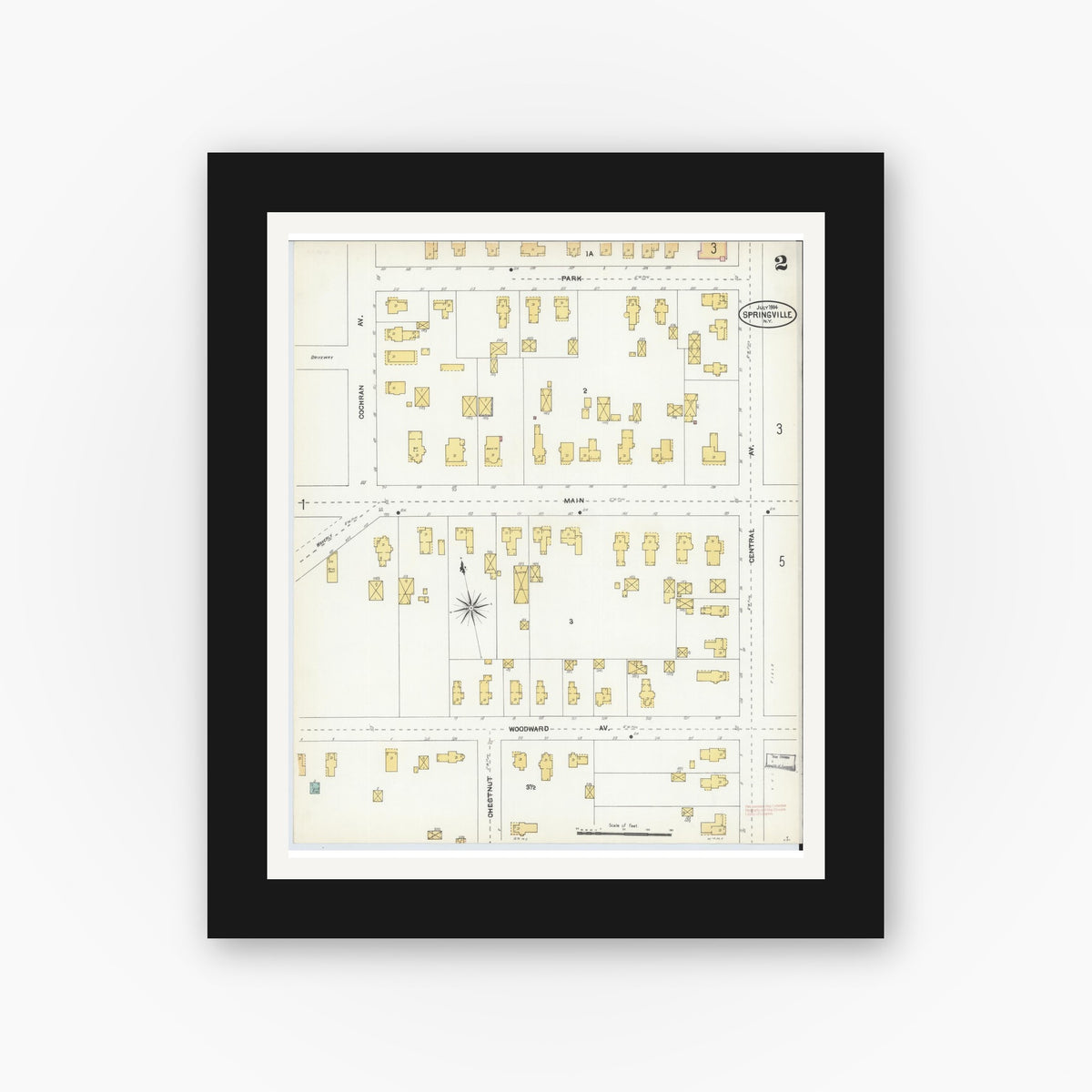 Old map wall art mockup — black gallery frame with white mat — Sanborn Fire Insurance Map from Springville, Erie County, New York (1904), Sheet #0002